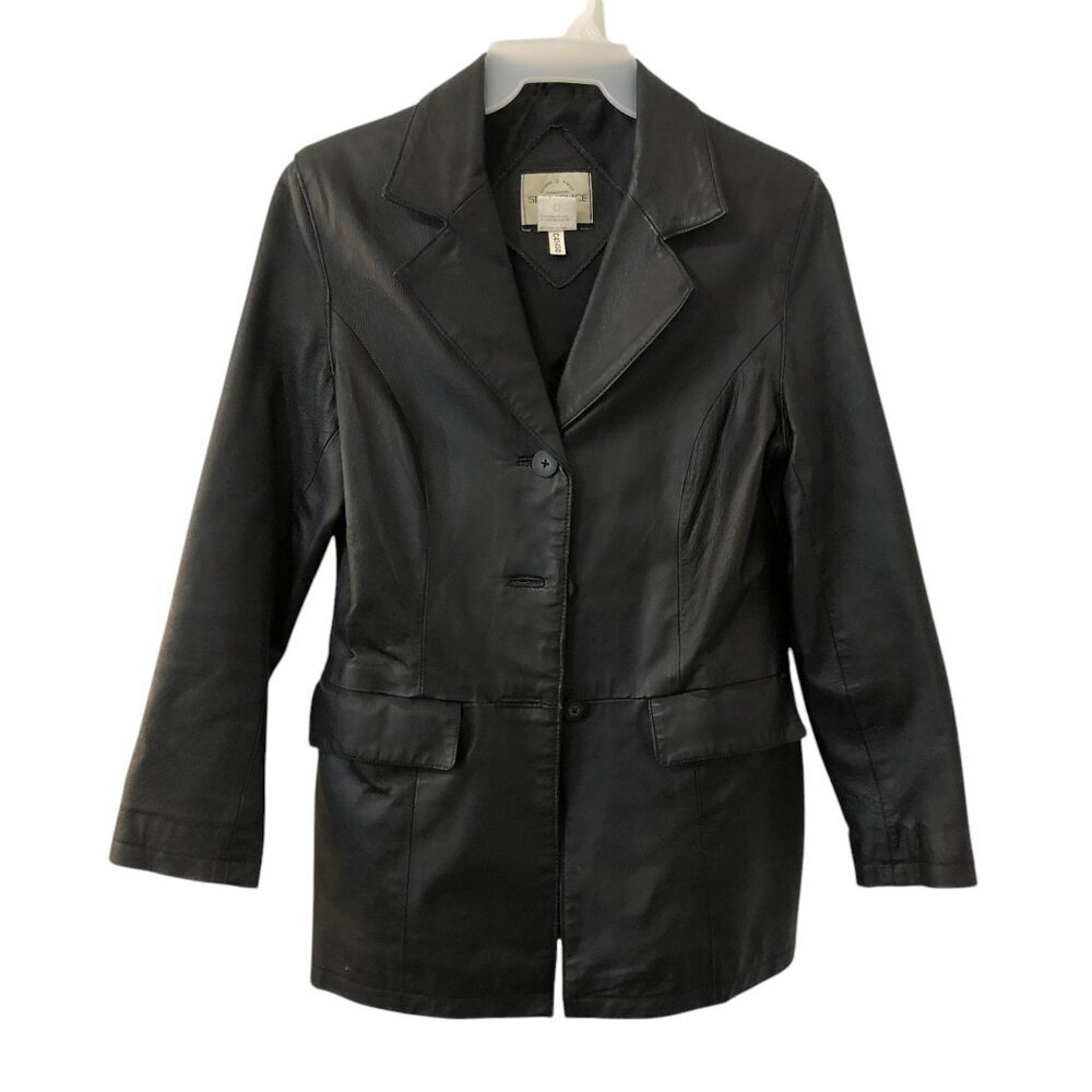 Vintage 90s Y2K Leather Jacket Women's Button-Up Black Size 10